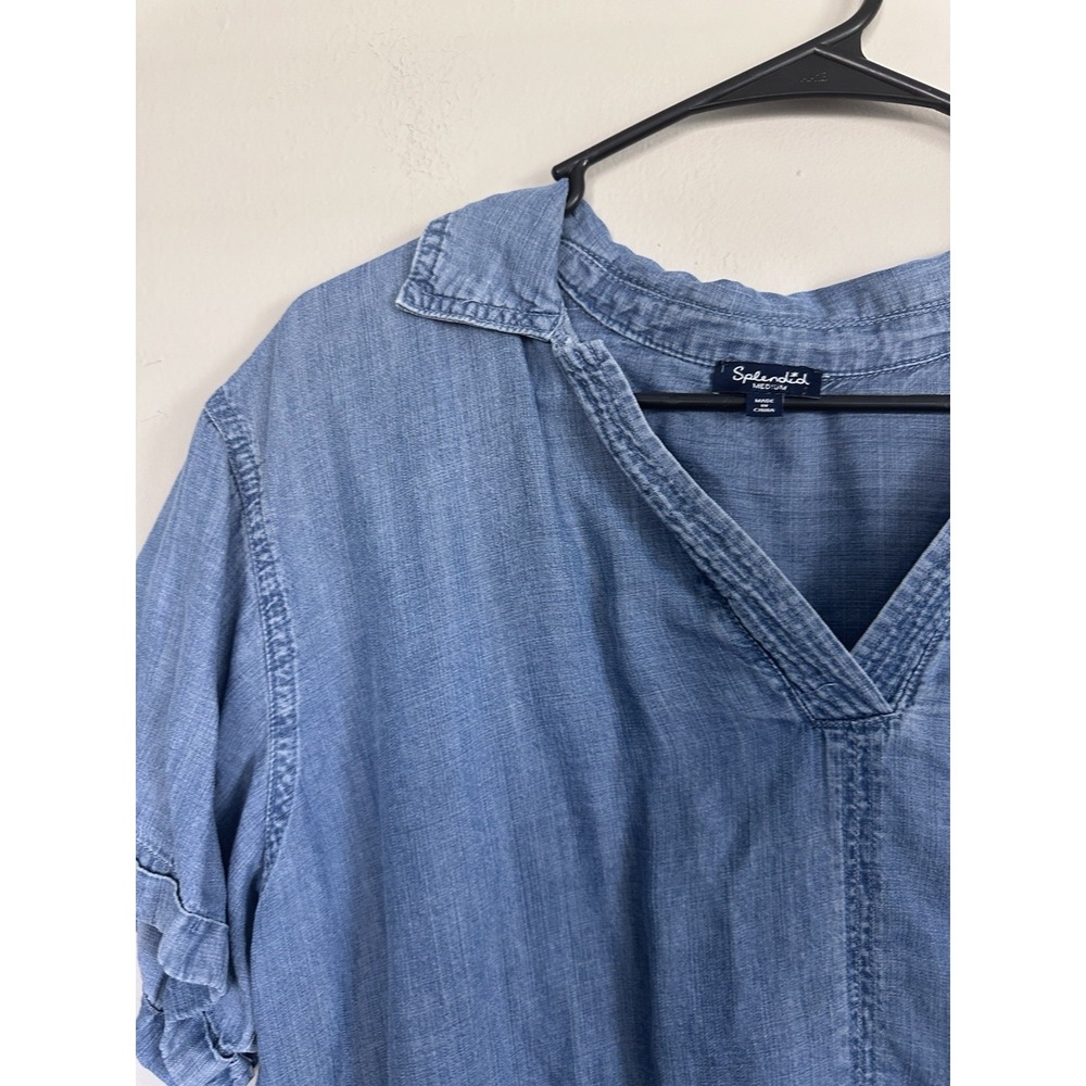 Splendid Denim Chambray Collared Short Sleeve Cropped Blouse Top Size MEDIUM - Picture 7 of 16